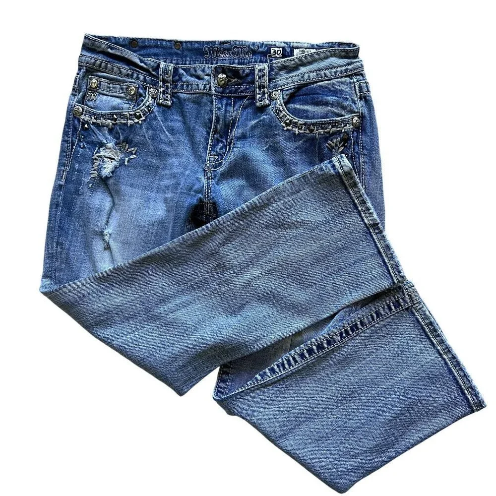 Miss Me Womens 30 US Size 10 Distressed Embellished Cuffed Capri Jeans Cowgirl